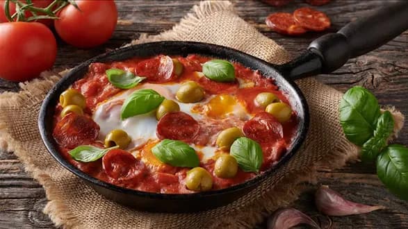 Szakszuka z chorizo i oliwkami